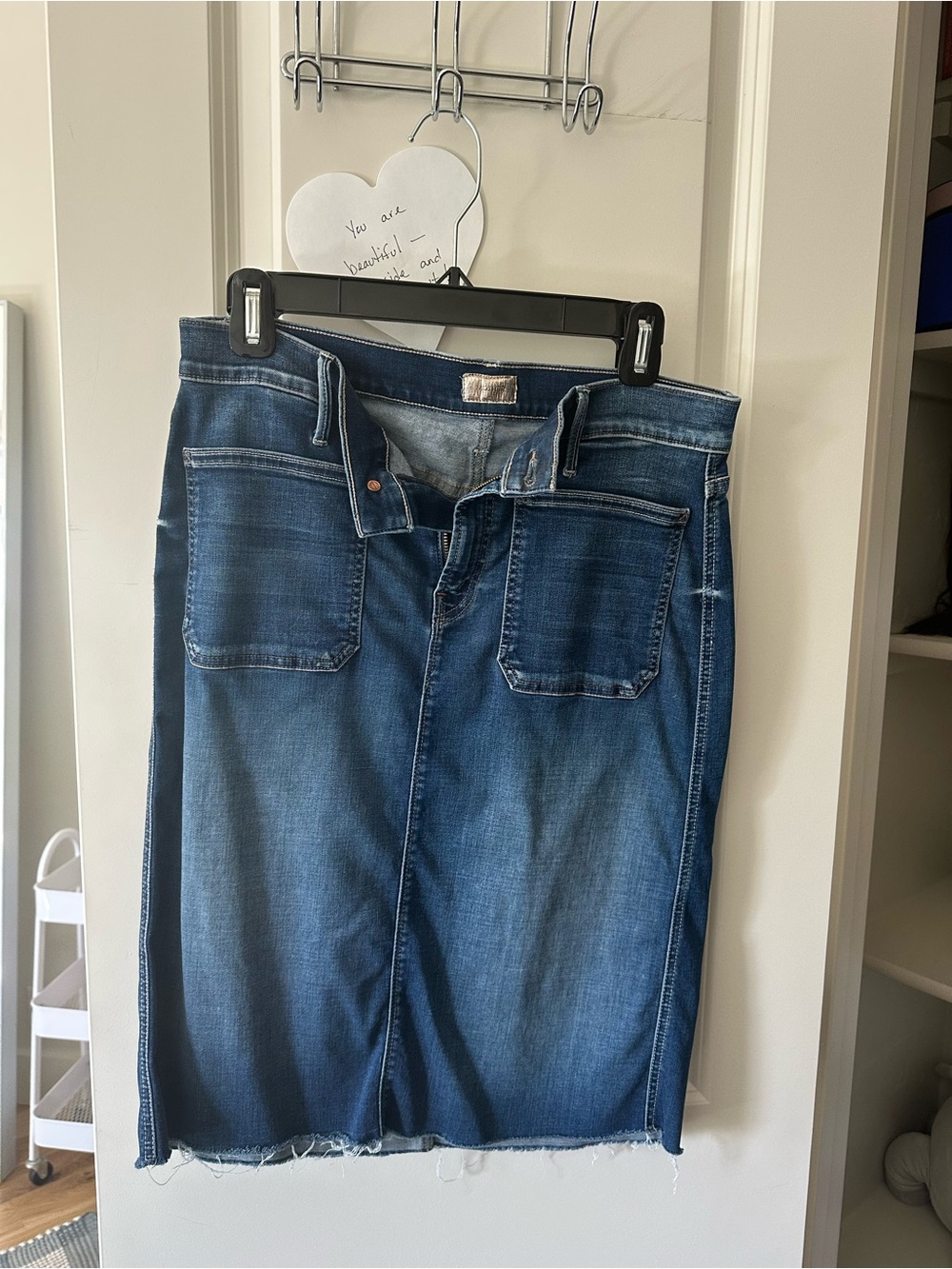Mother Dark Blue Denim Skirt with Front Patch Pockets